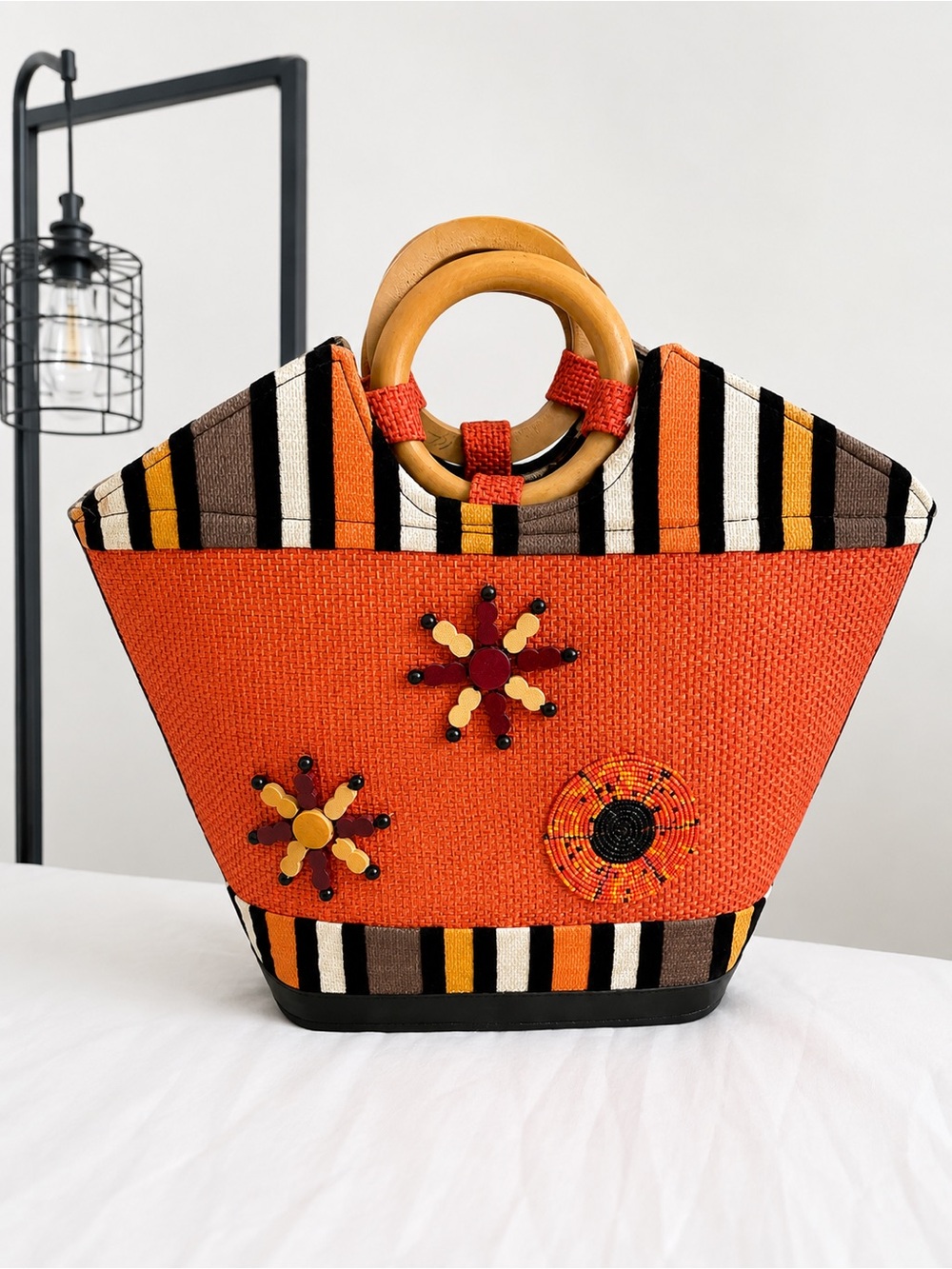 Handcrafted Orange Woven Tote Bag with Wooden Ring Handles